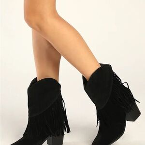 Lulus Black Suede Fringe Western Ankle Boots Size 10 Block Heel
